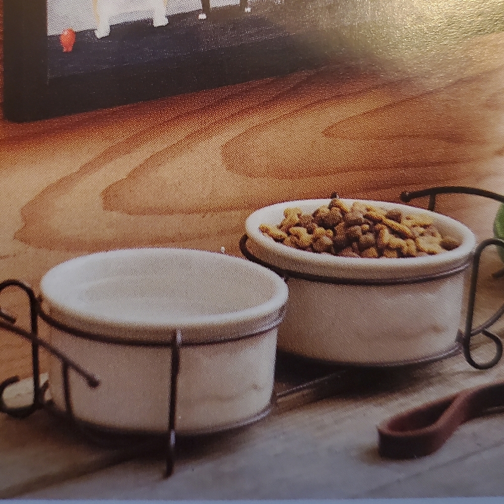 2 Pet Bowls Stoneware includes metal stand  New. Holds 2 cups Celebrating Home.